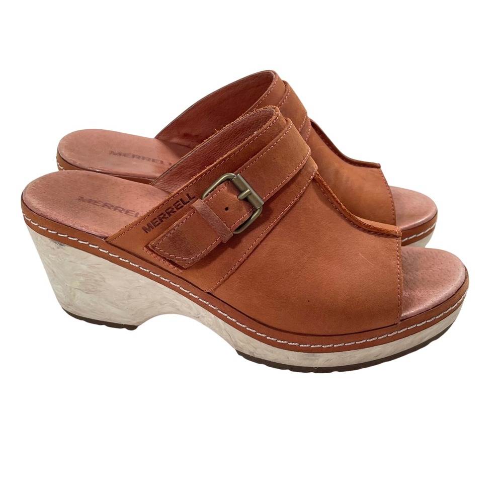 Merrell Halendi Buckle Slide Leather Wedge Sandals Redwood Women's 7.5 J000846